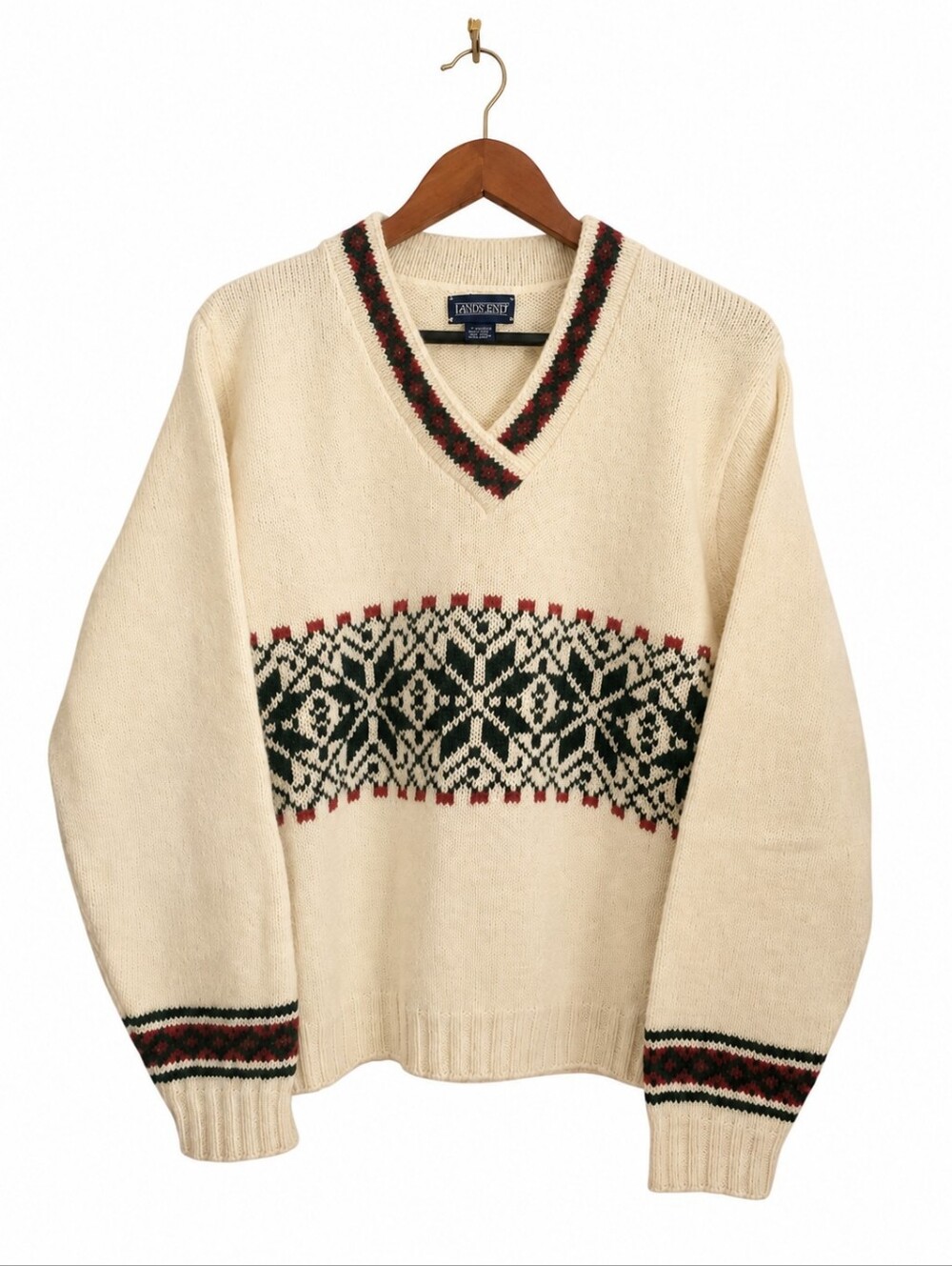 Vintage Lands' End Wool Fair Isle Sweater L Nordic Ski Lodge Made USA 90s